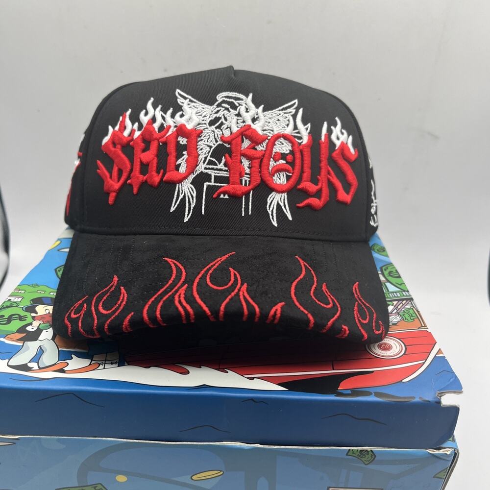 New Belico Sad Boys Flame Black Red Cap Hat Adjustable Rhinestone Snapback